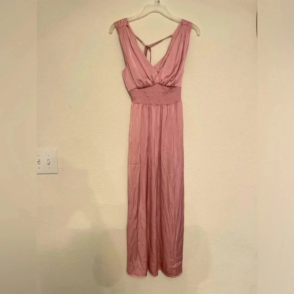 Old Navy bergamot satin waist defined tie back maxi dress with side slit size XS - Picture 3 of 10